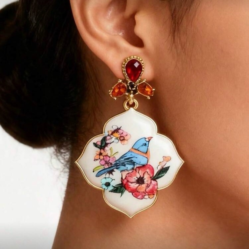 Elegant Gold and Red Bird Motif Earrings - Picture 1 of 3